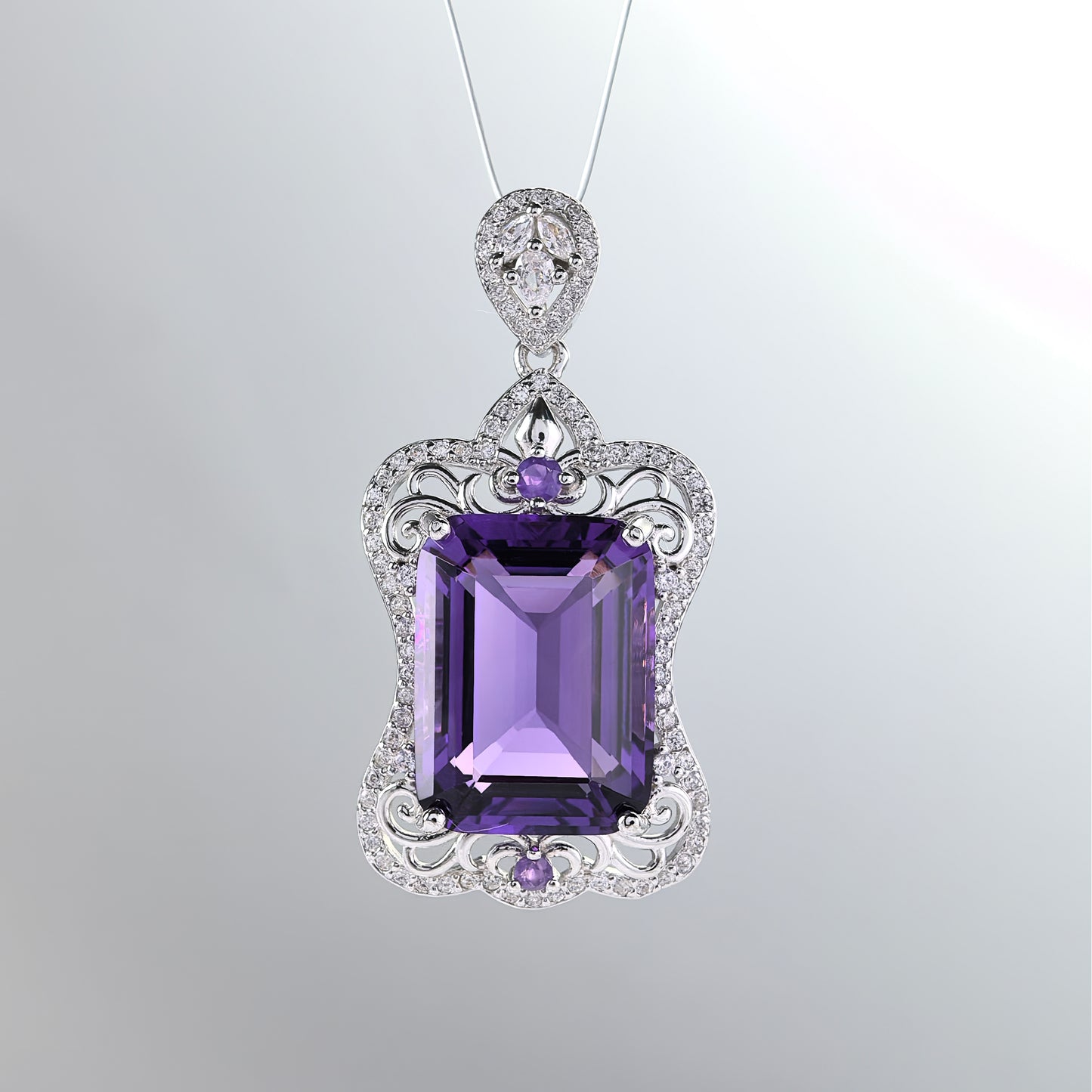 Unique Rhodium Plated 925 Sterling Silver Natural Amethyst Pendant