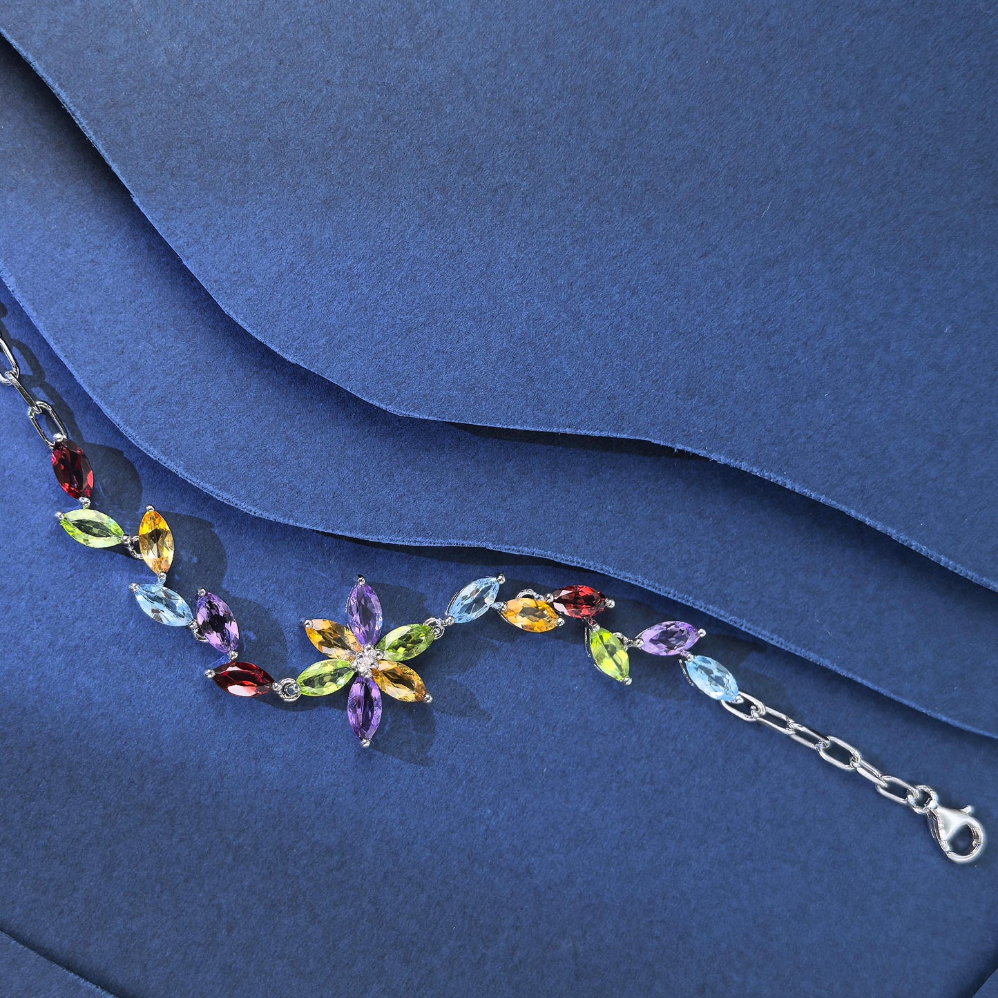 Elegant Rhodium Plated Silver 925 Jewelry Multiple Natural Gemstone Flower Bracelet