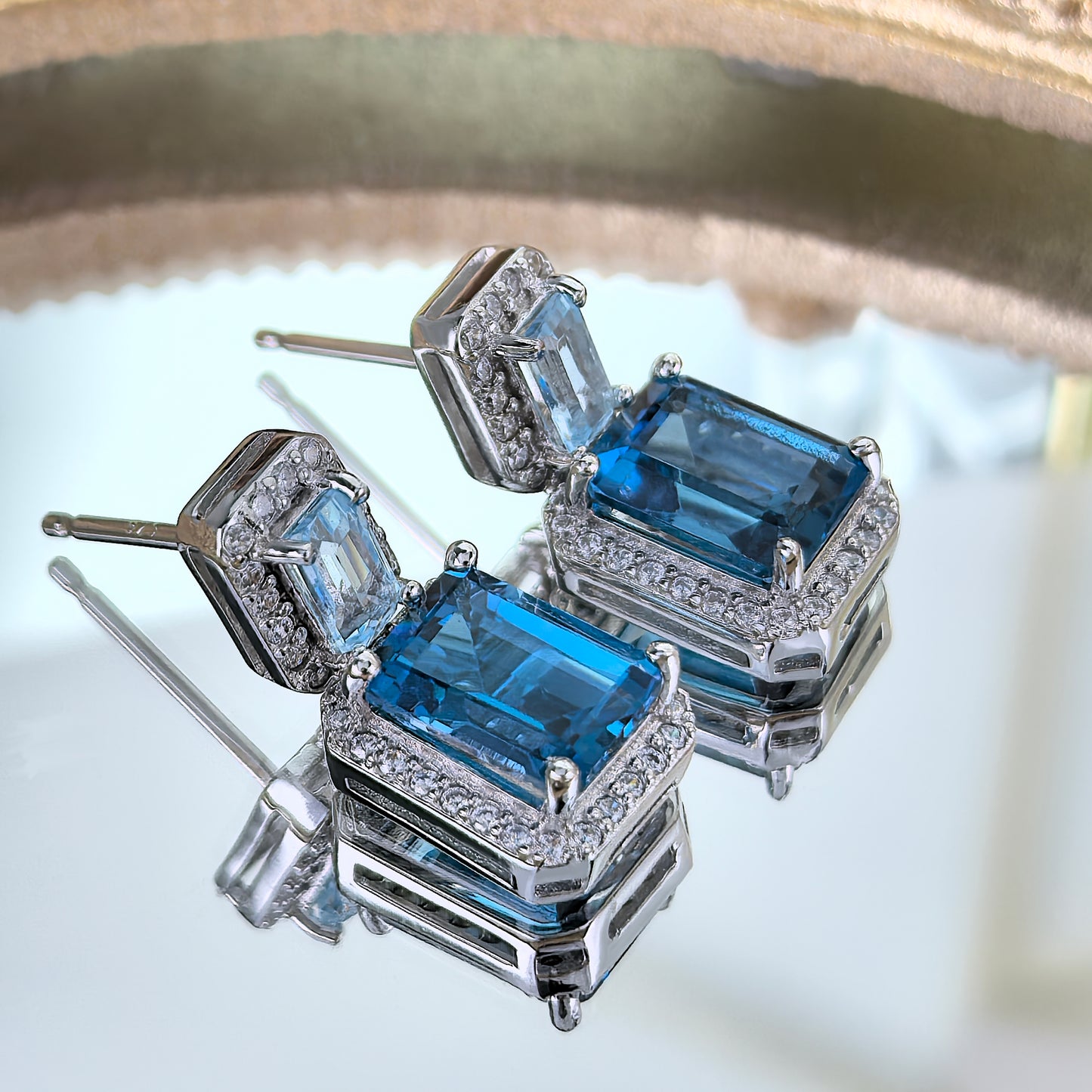 Rhodium Plated S925 Silver Jewelry Emerald Cut Natural London Blue Topaz Drop Earrings