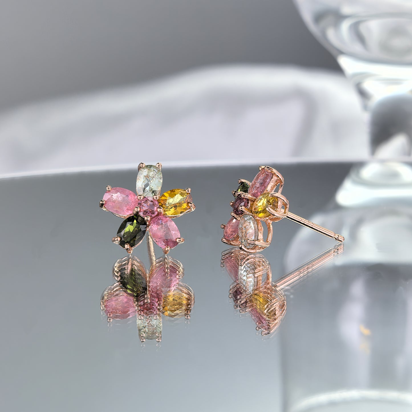 Rose Gold Plated 925 Prata Natural Tourmaline Stud Earrings