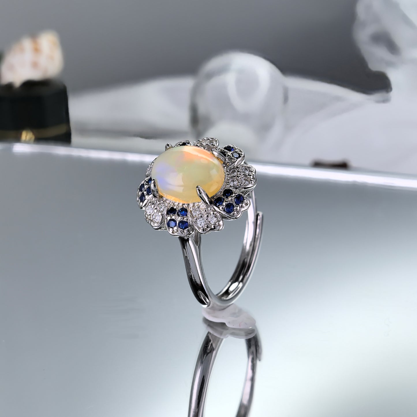 Delicate Rhodium Plated Silver 925 Jewelry Natural Opal Flower Ring