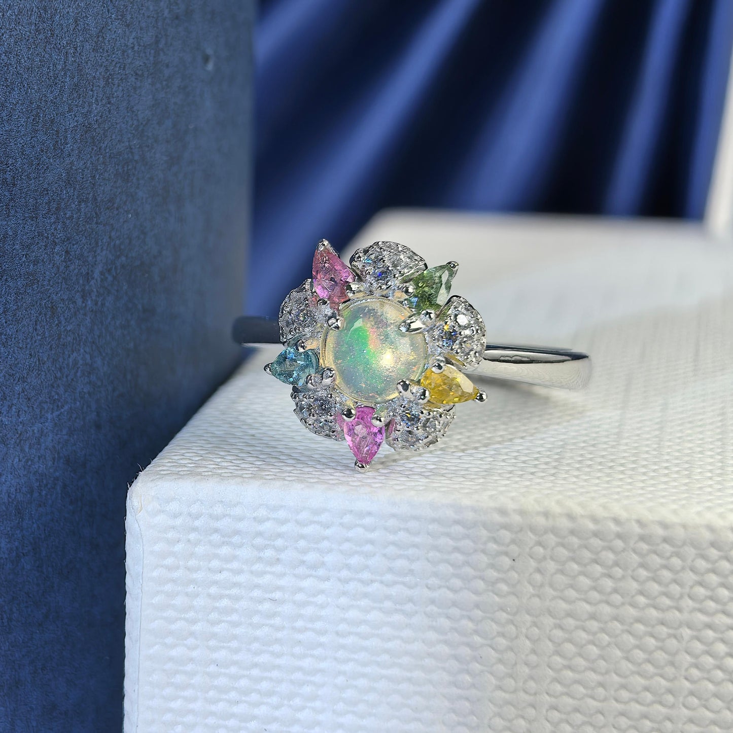 925 Silver Jewelry Ring Delicate Rhodium Plated Trendy Natural Opal Flower Gemstone