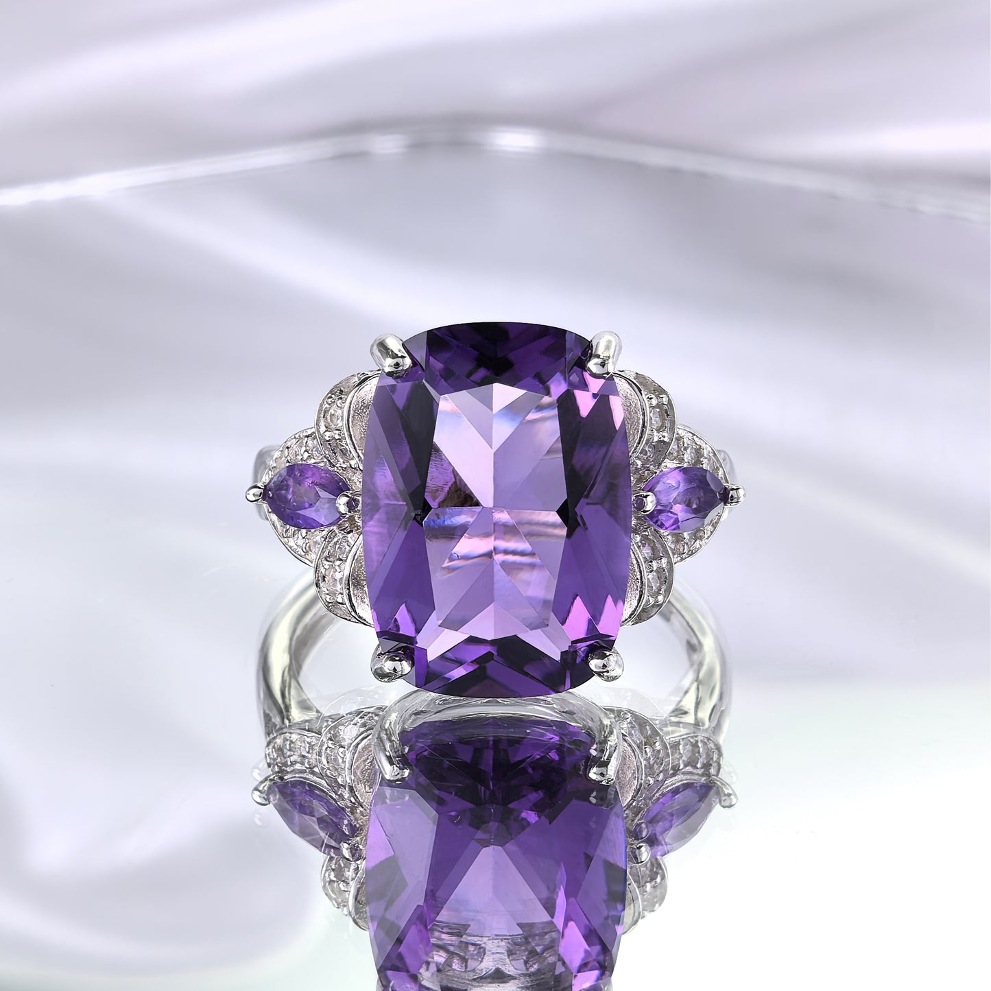Silver 925 Jewelry Ring Precious Rhodium Plated with Natural Amethyst
