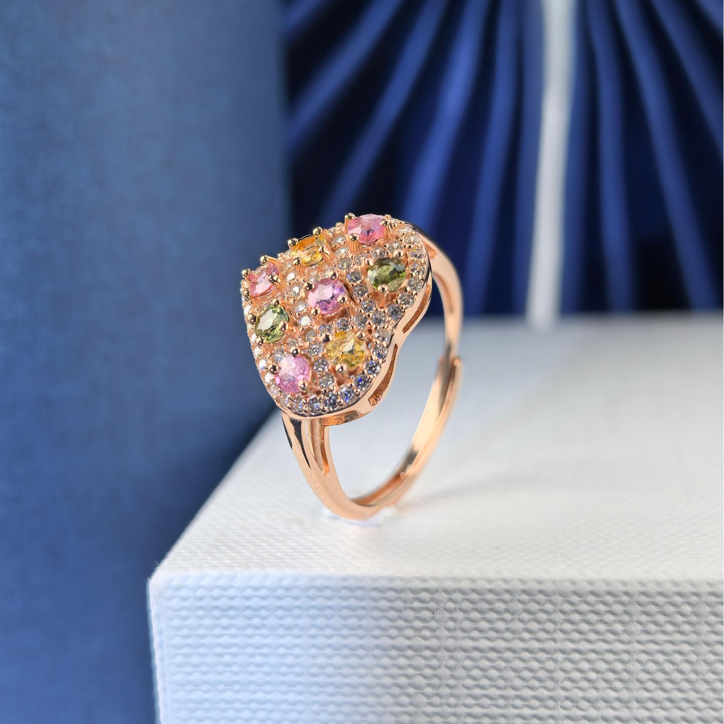 Delicate Rose Gold Plated 925 Silver Jewelry Natural Tourmaline Heart Ring