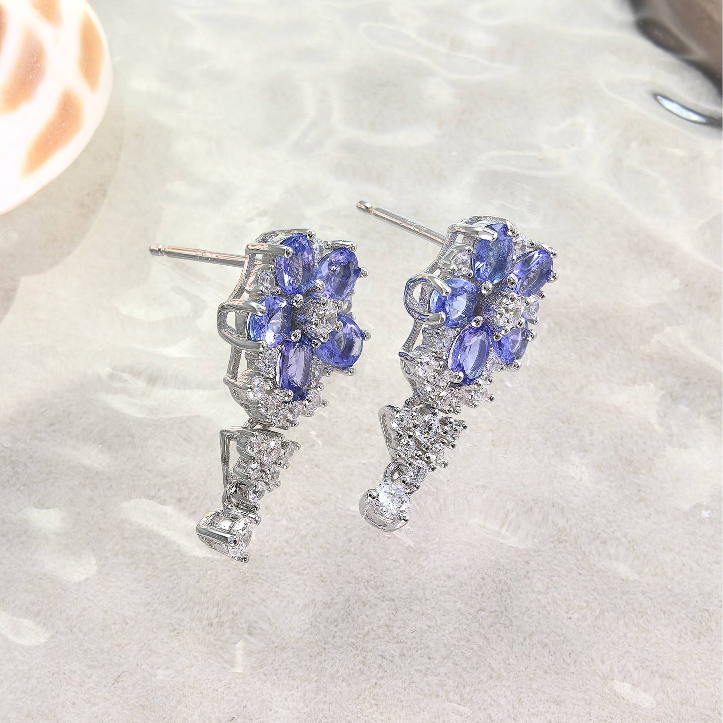 Sparkling Rhodium Plated 925 Silver Natural Tanzanite Flower Drop Earrings