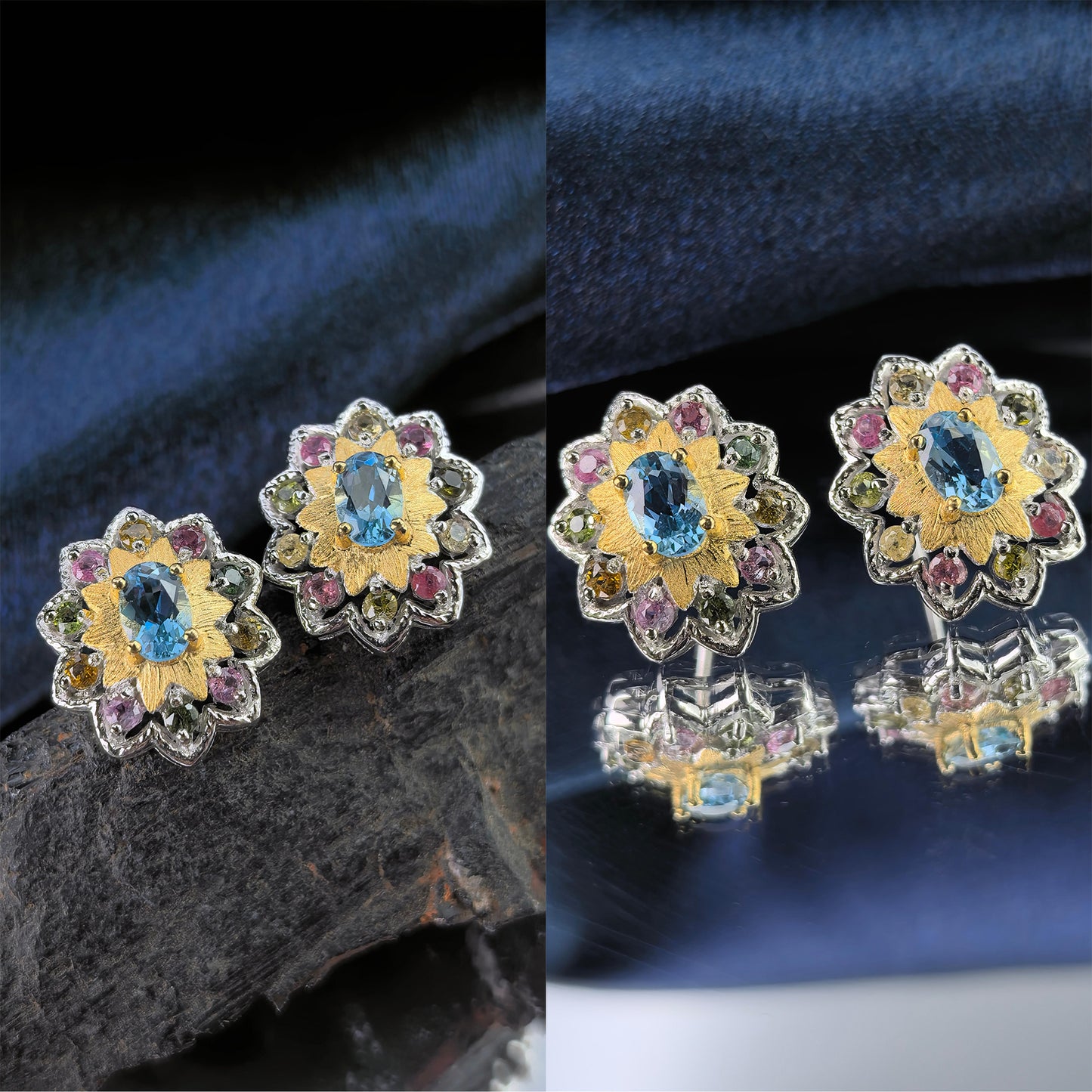 Delicate Rhodium Plated 925 Silver Jewelry Natural London Blue Topaz/Sapphire Flower Stud Earrings