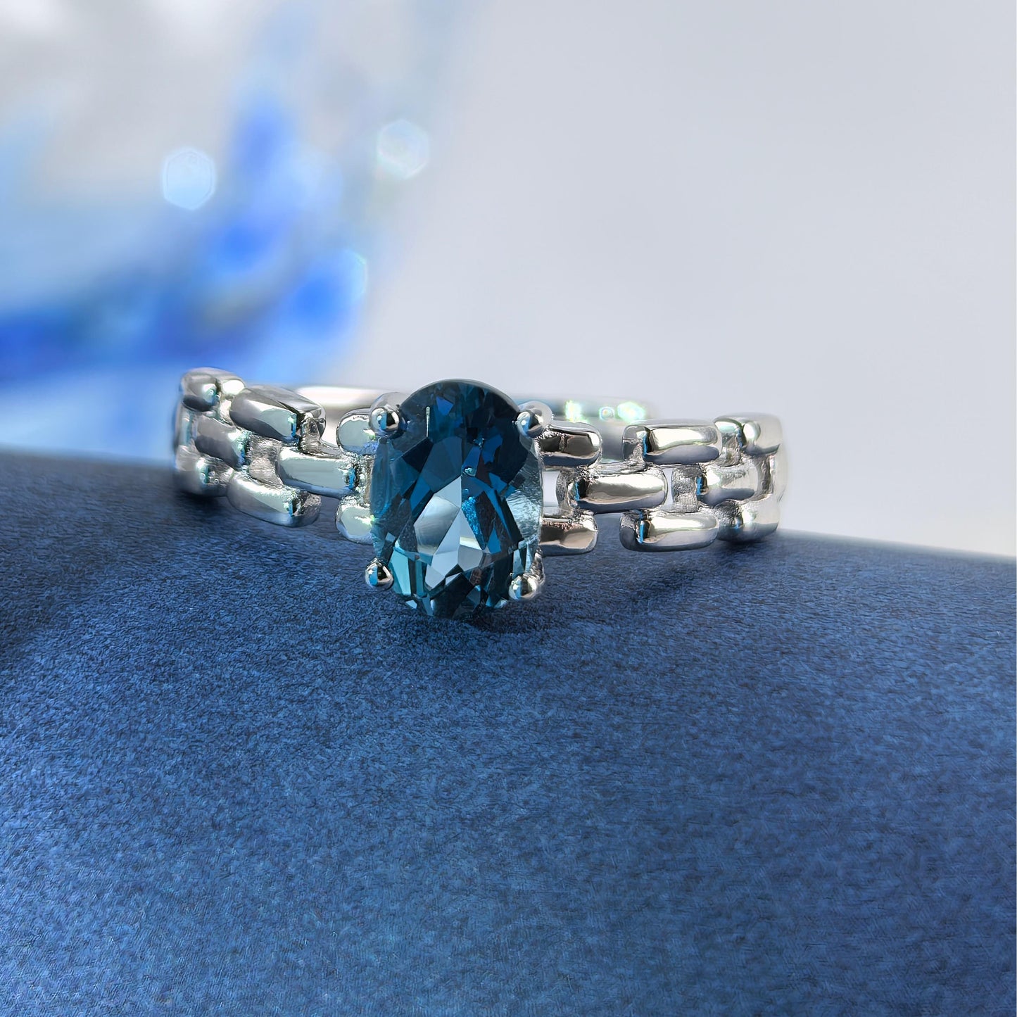 Rhodium Plated 925 Silver Oval Cut Natural London Blue Topaz Ring