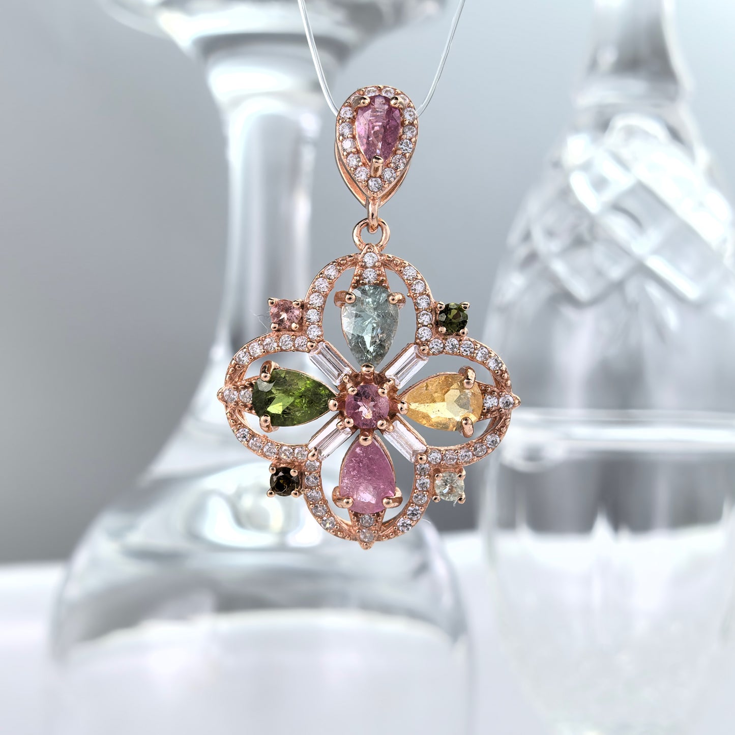 Trendy Rose Gold Plated 925 Sterling Silver Natural Tourmaline Pendant