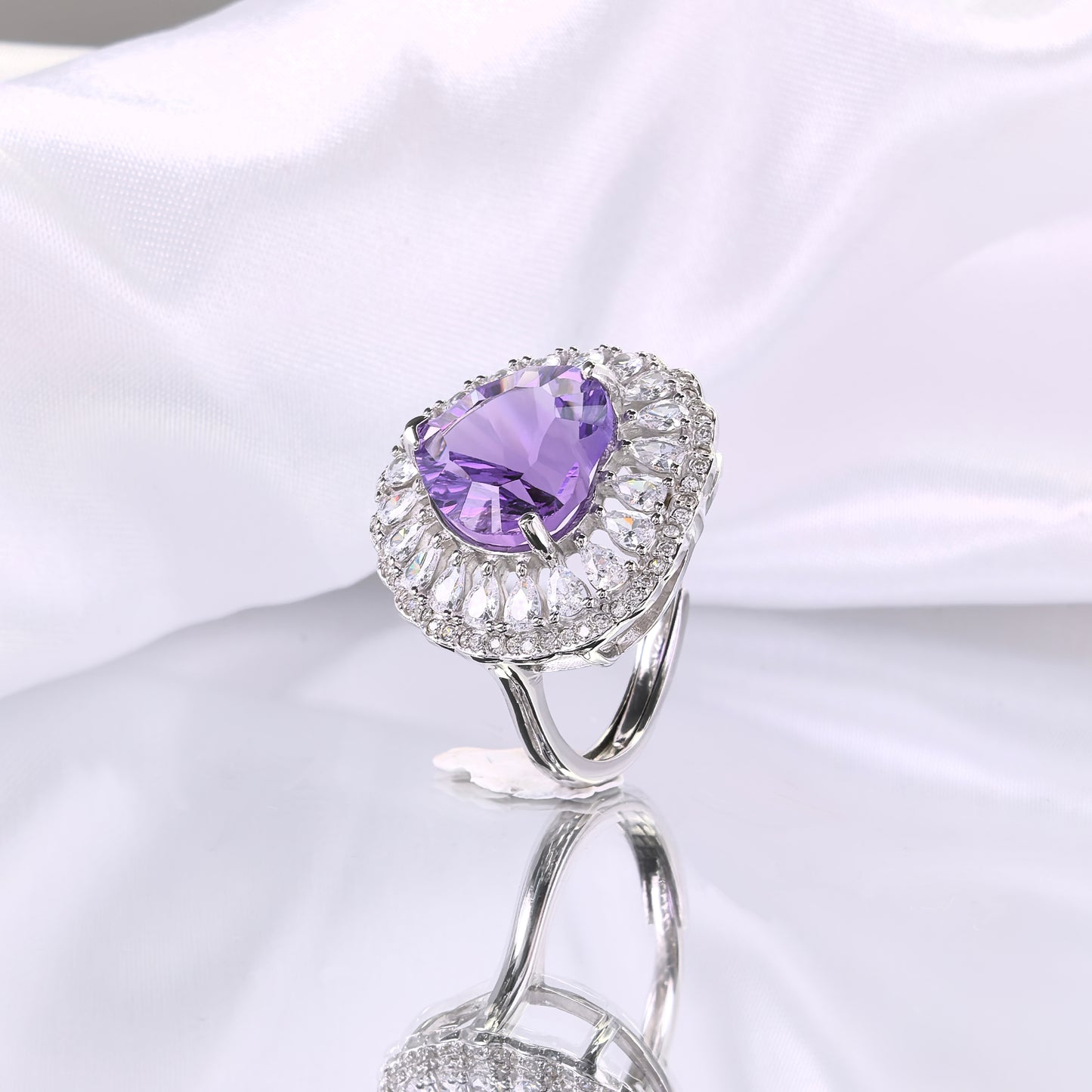 Romantic Rhodium-Plated 925 Sterling Silver Natural Amethyst Heart Gemstone Ring