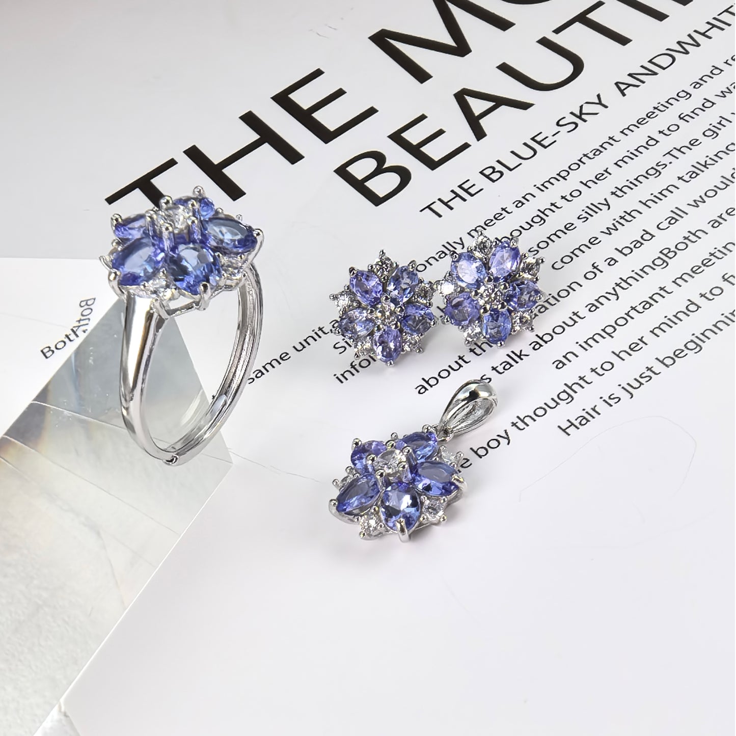 Delicate Rhodium Plated Silver 925 Jewelry Natural Tanzanite Five Leaf Clover Jewelry Set