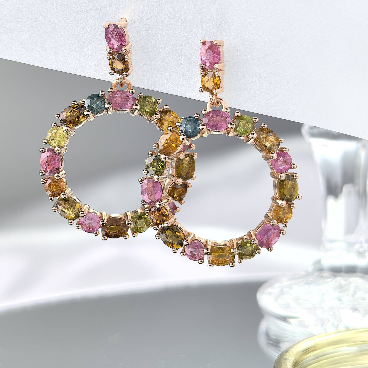 Special Rose Gold Plated S925 Silver Natural Tourmaline Circle Drop Statement Earrings