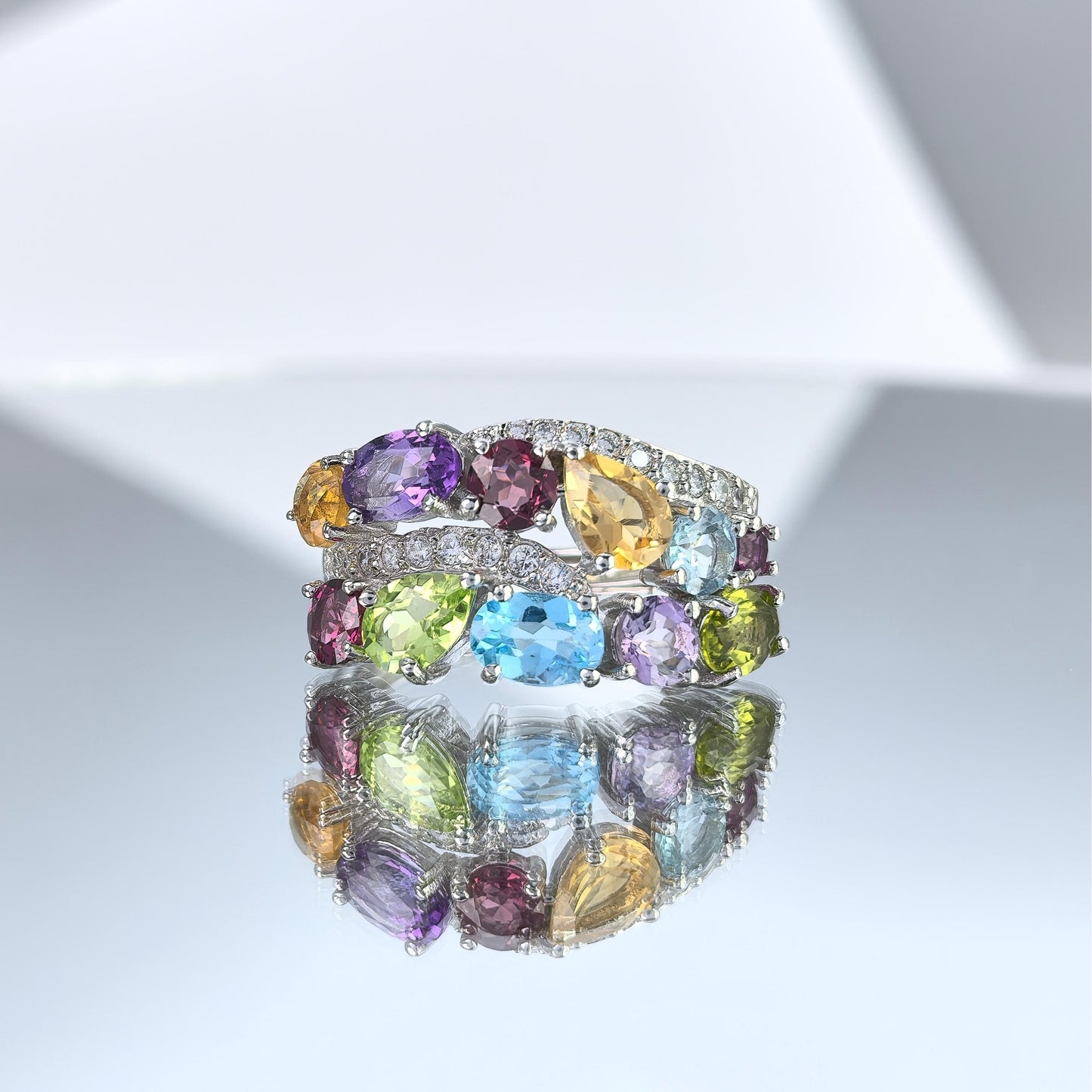 Gorgeous Rhodium Plated 925 Silver Jewelry Multiple Natural Gemstone Ring