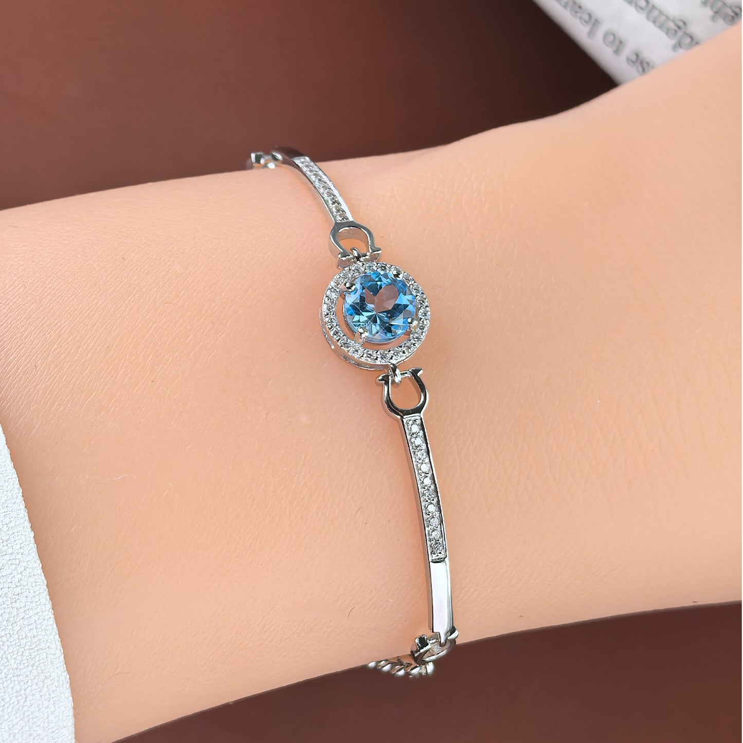 Sparkling Rhodium Plated Silver 925 Jewelry Natural Swiss Blue Topaz Bracelet