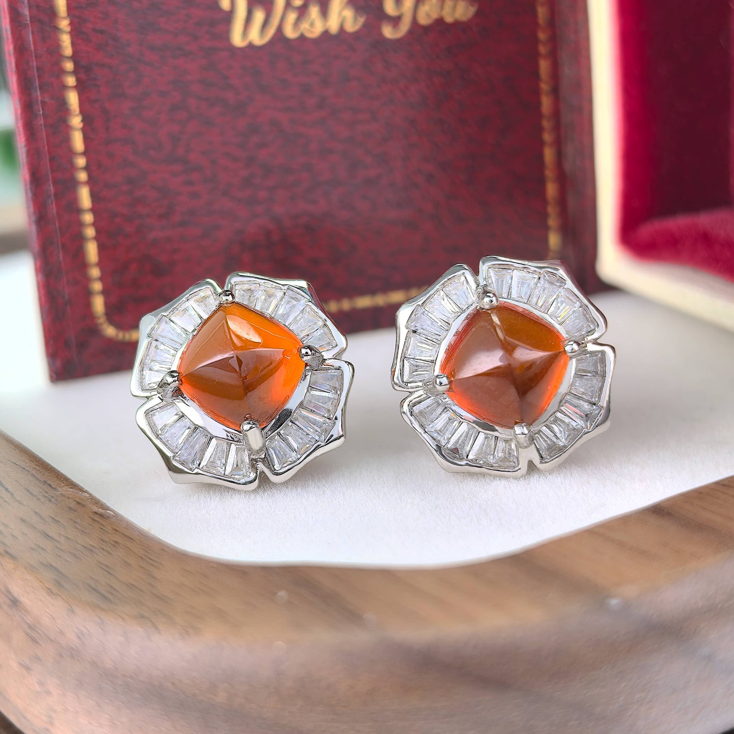Gorgeous Rhodium Plated 925 Silver Jewelry Natural Mandarin Garnet Stud Earrings