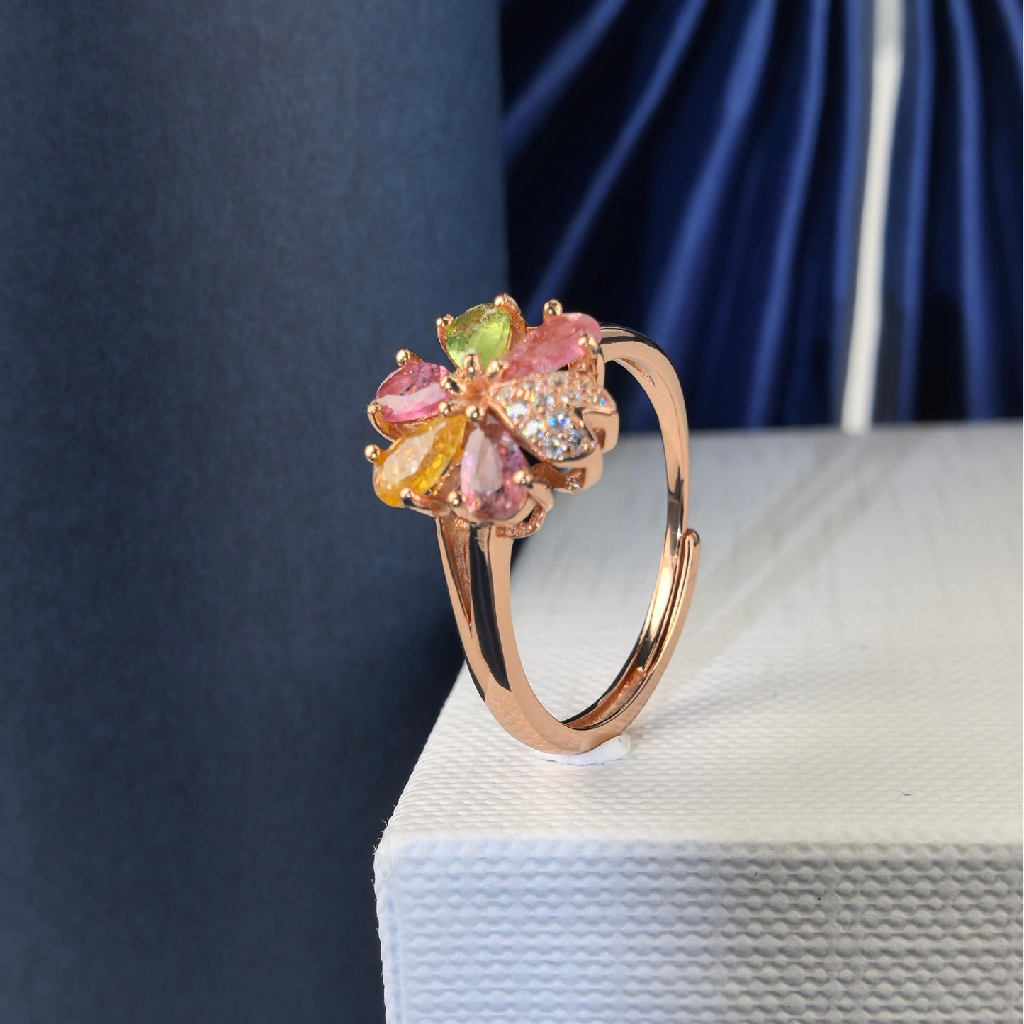 Exquisite Rose Gold Plated 925 Silver Jewelry Natural Tourmaline Flower Ring