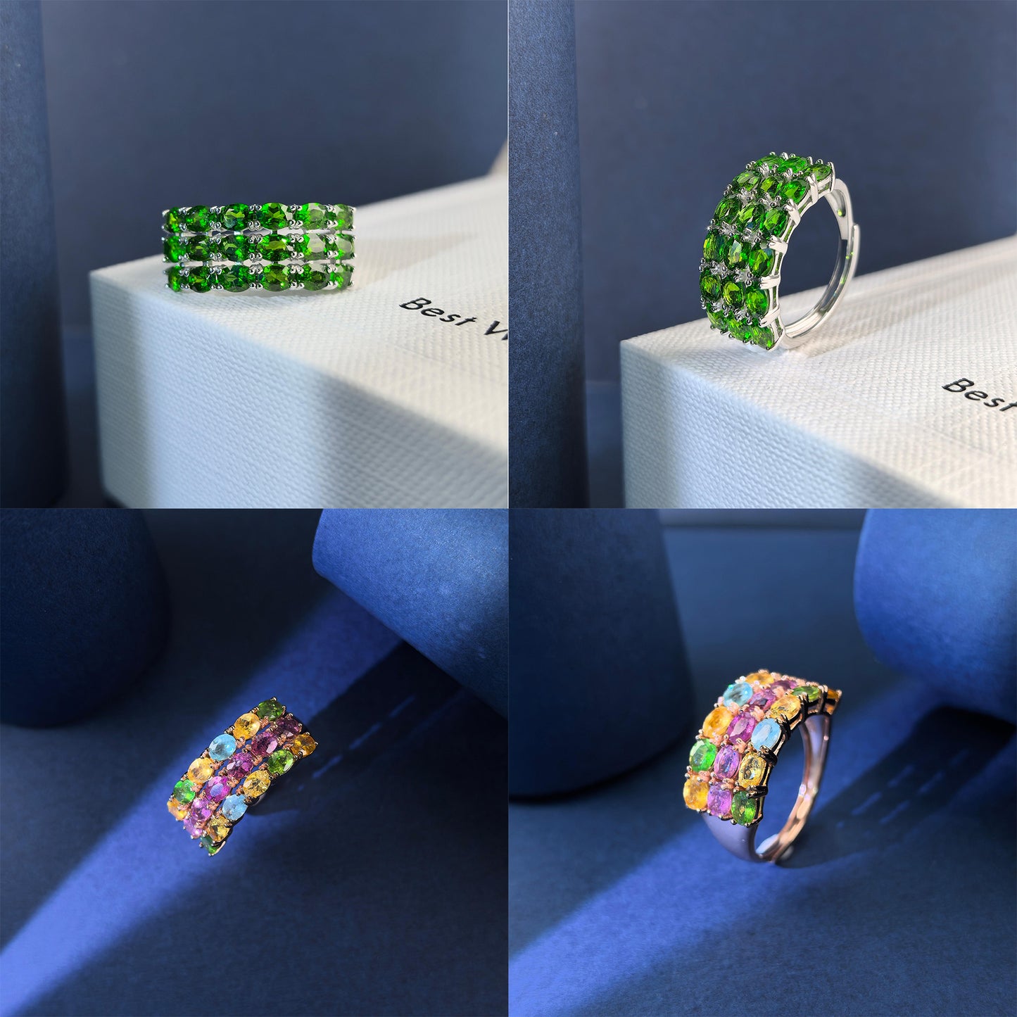Sparkling Rhodium/Rose Gold Plated Silver 925 Jewelry Natural Tanzanite/Diopside/Pyrope/Tourmaline Ring