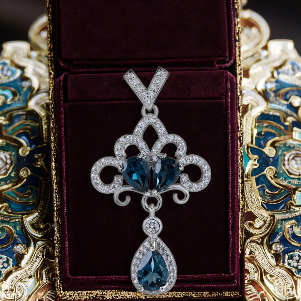 Elegant Rhodium Plated 925 Sterling Silver Natural London Blue Topaz Pendant
