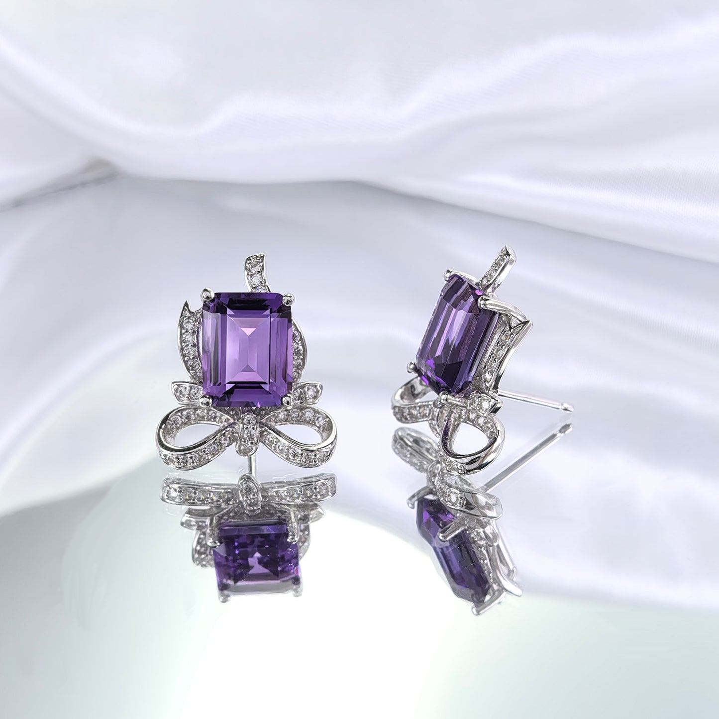 Romantic Rhodium-Plated 925 Sterling Silver Natural Amethyst Bow Stud Earrings