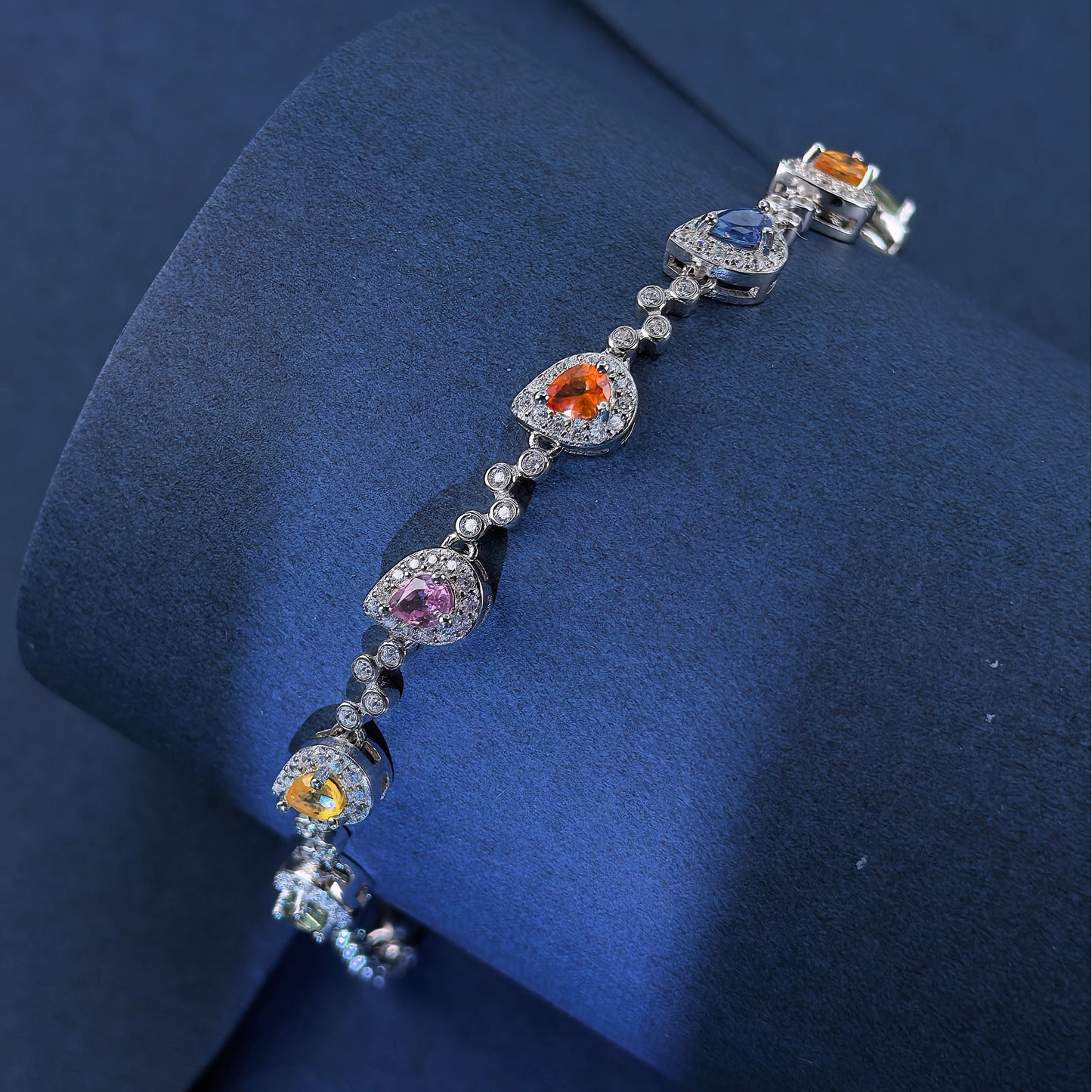 Elegant Rhodium Plated Silver 925 Jewelry Natural Rainbow Sapphire Bracelet