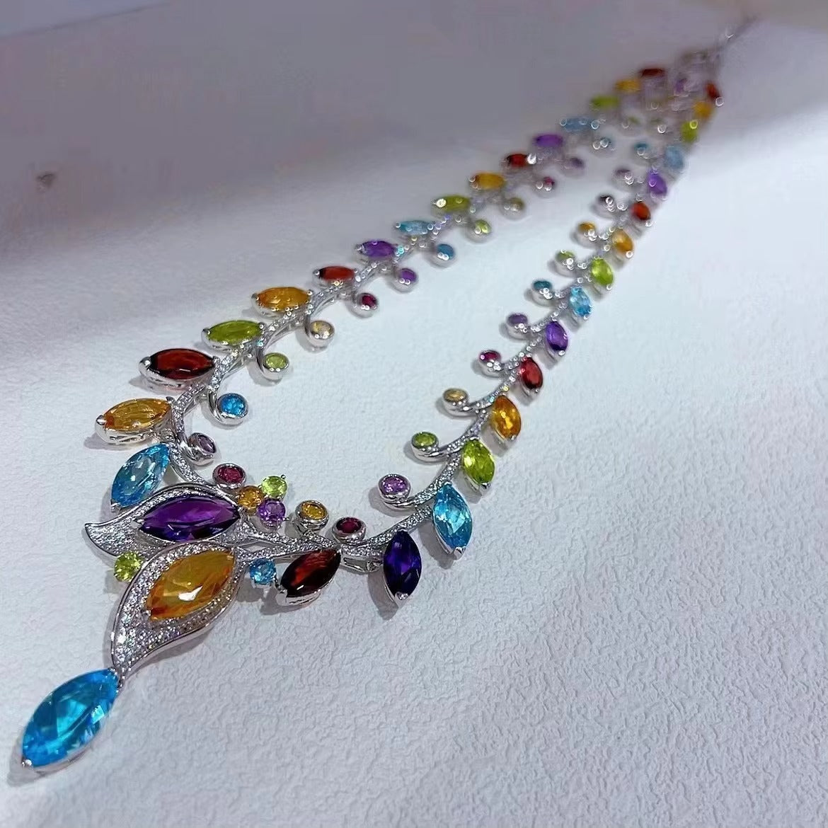 Luxurious Rhodium Plated Silver 925 Multiple Natural Gemstone Leaf Necklace