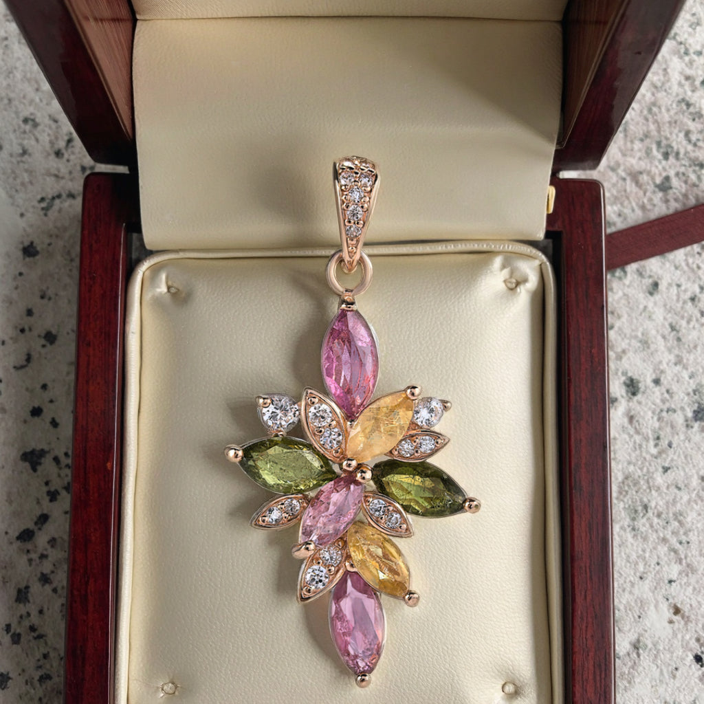 Gorgeous Rose Gold Plated 925 Sterling Silver Natural Tourmaline Leaf Pendant