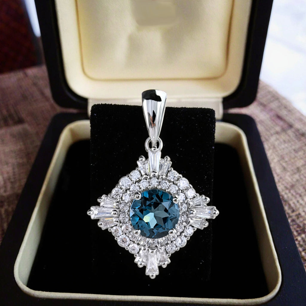 Gorgeous Rhodium Plated 925 Sterling Silver Natural London Blue Topaz Pendant