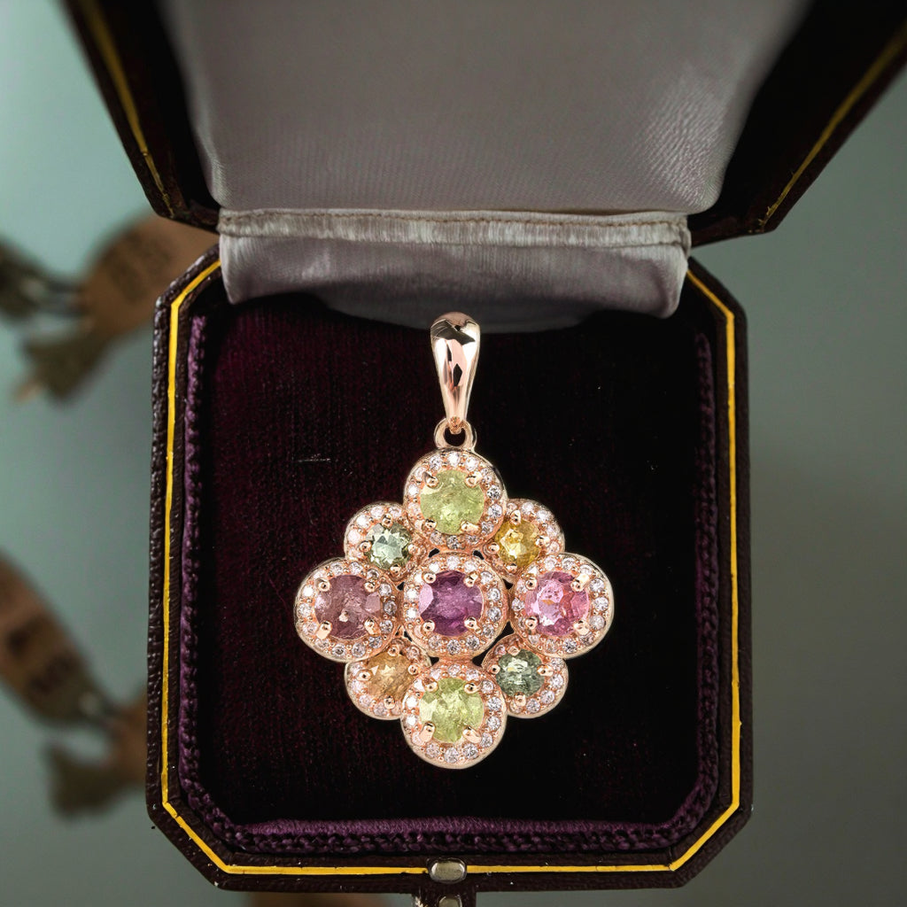 Charming Rose Gold Plated 925 Sterling Silver Natural Tourmaline Flower Pendant