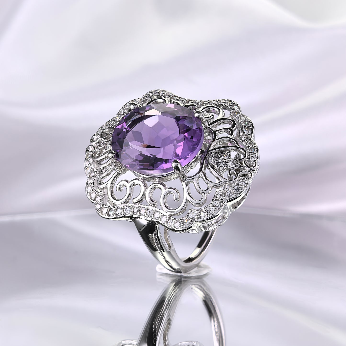 Artistic Rhodium Plated Sterling Silver 925 Natural Amethyst Ring