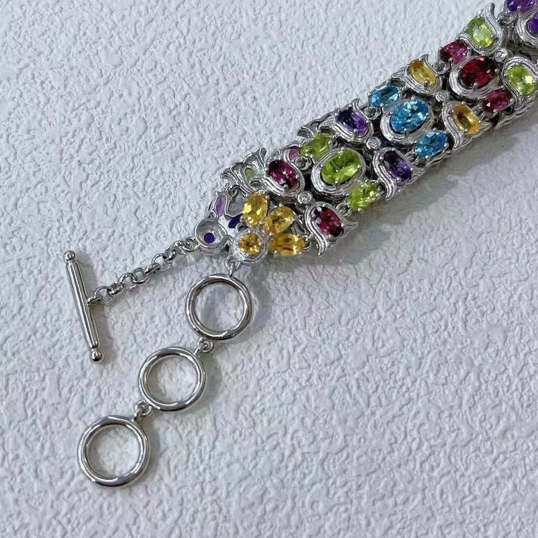 Women's Delicate Rhodium Plated Silver 925 Bracelet with Multiple Natural Gemstones Fine Jewelry for Parties and Gifts