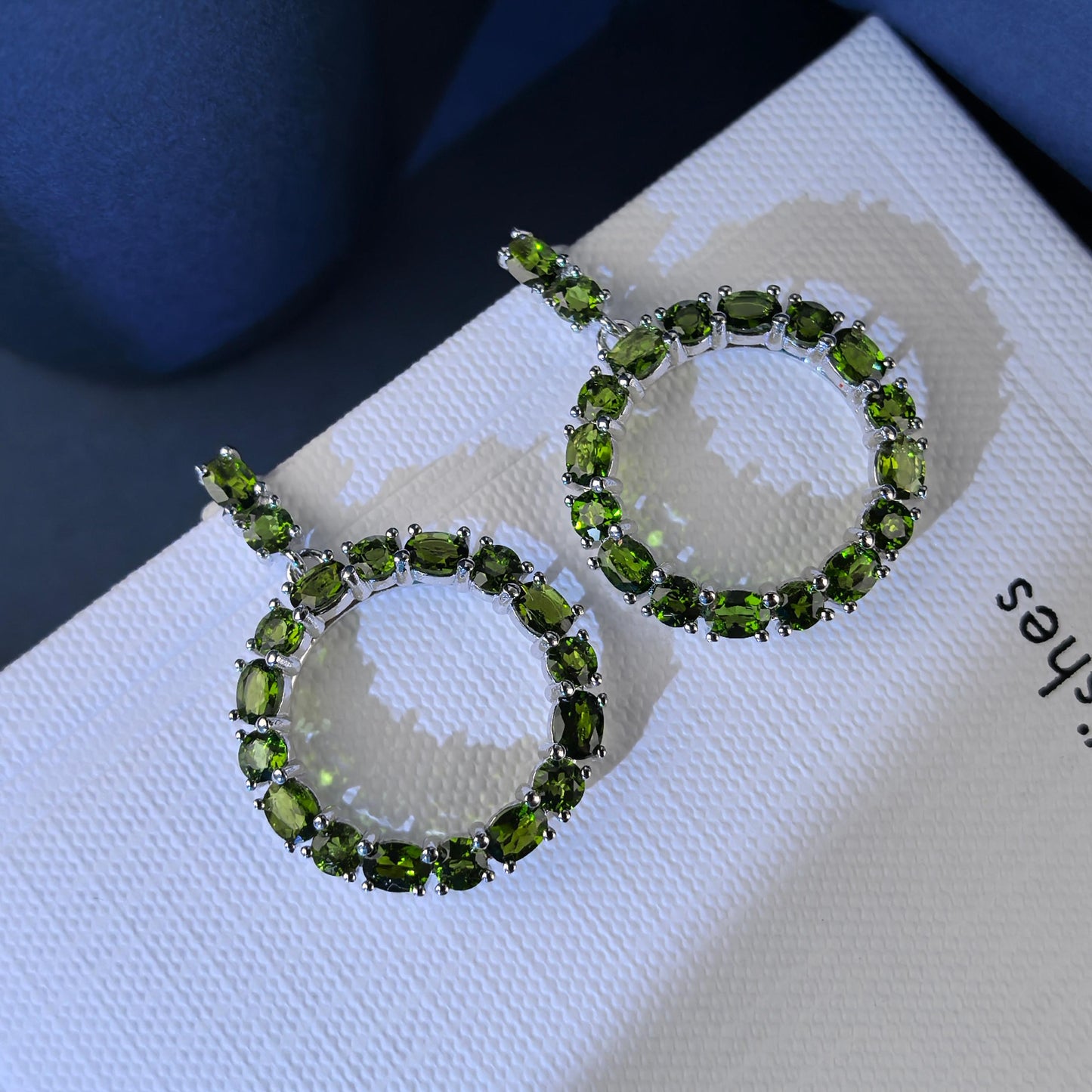 Rhodium Plated 925 Silver Geometric Roundcircle Natural Diopside Statement Drop Earrings