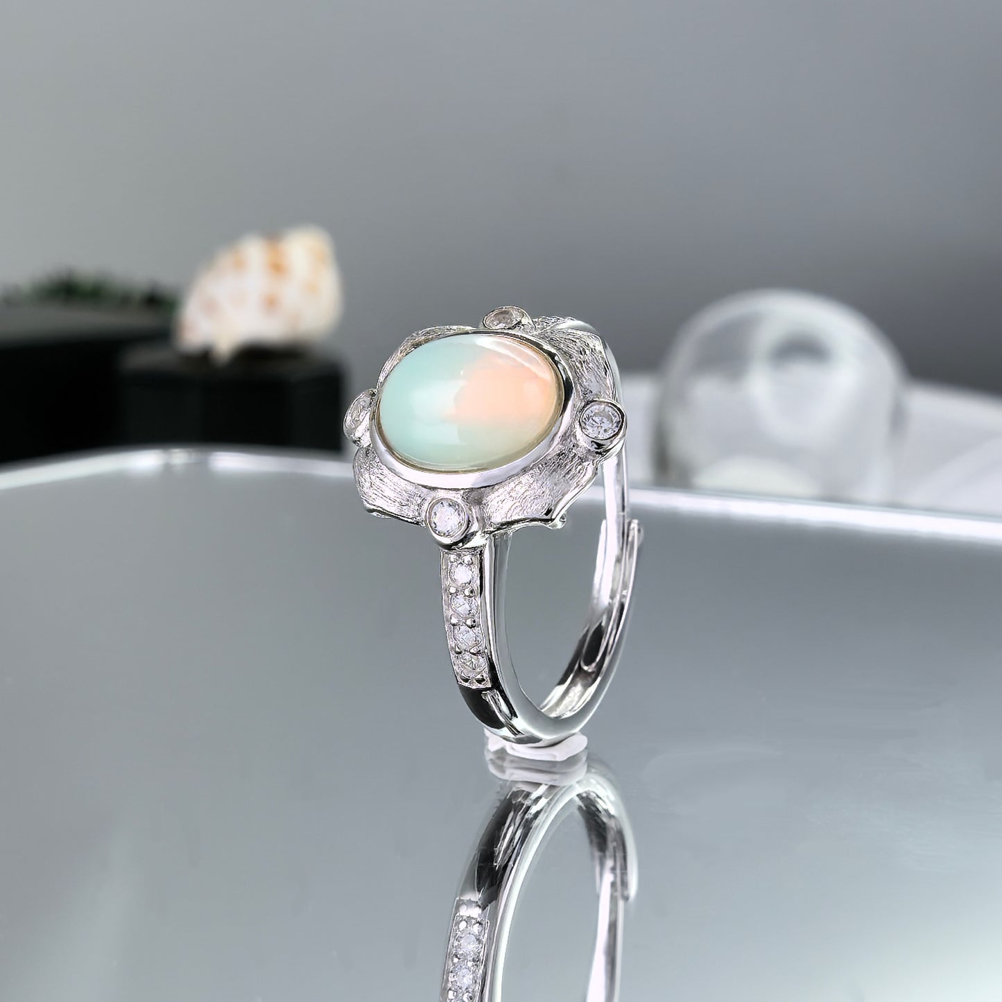 Unique Rhodium Plated Silver 925 Trendy Oval Cut Natural Opal Gemstone Ring