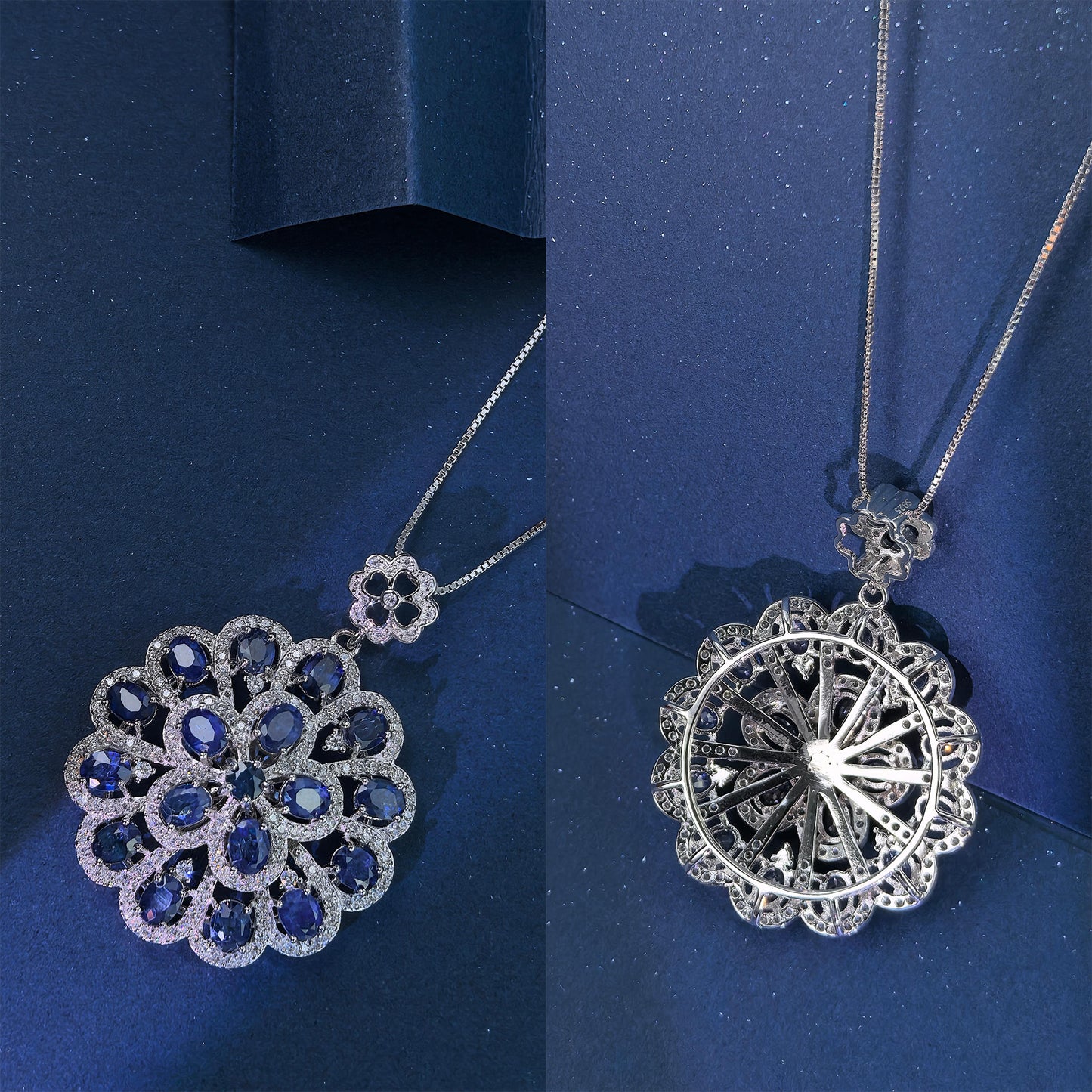 Elegant Rhodium/Rose Gold Plated 925 Silver Natural Pyrope/Sapphire Flower Pendant