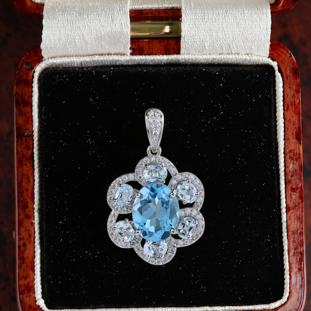 Elegant Rhodium Plated 925 Sterling Silver Natural Swiss Blue Topaz Flower Pendant