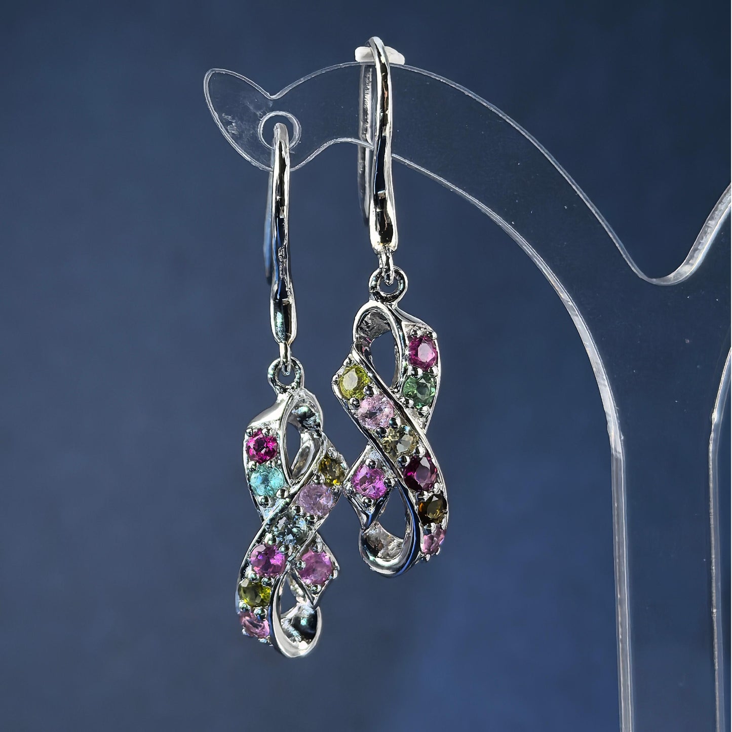 Elegant 925 Silver Drop Earrings Rhodium Plated Natural Tourmaline