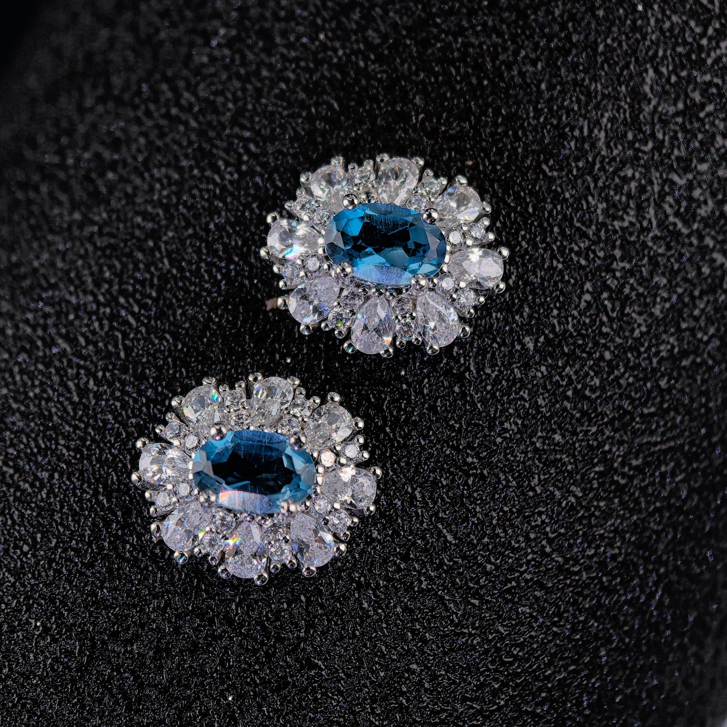 Sparkling Rhodium Plated 925 Silver Jewelry Natural London Blue Topaz Stud Earrings