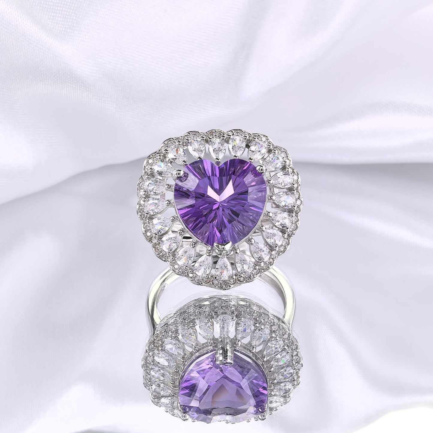 Romantic Rhodium-Plated 925 Sterling Silver Natural Amethyst Heart Gemstone Ring