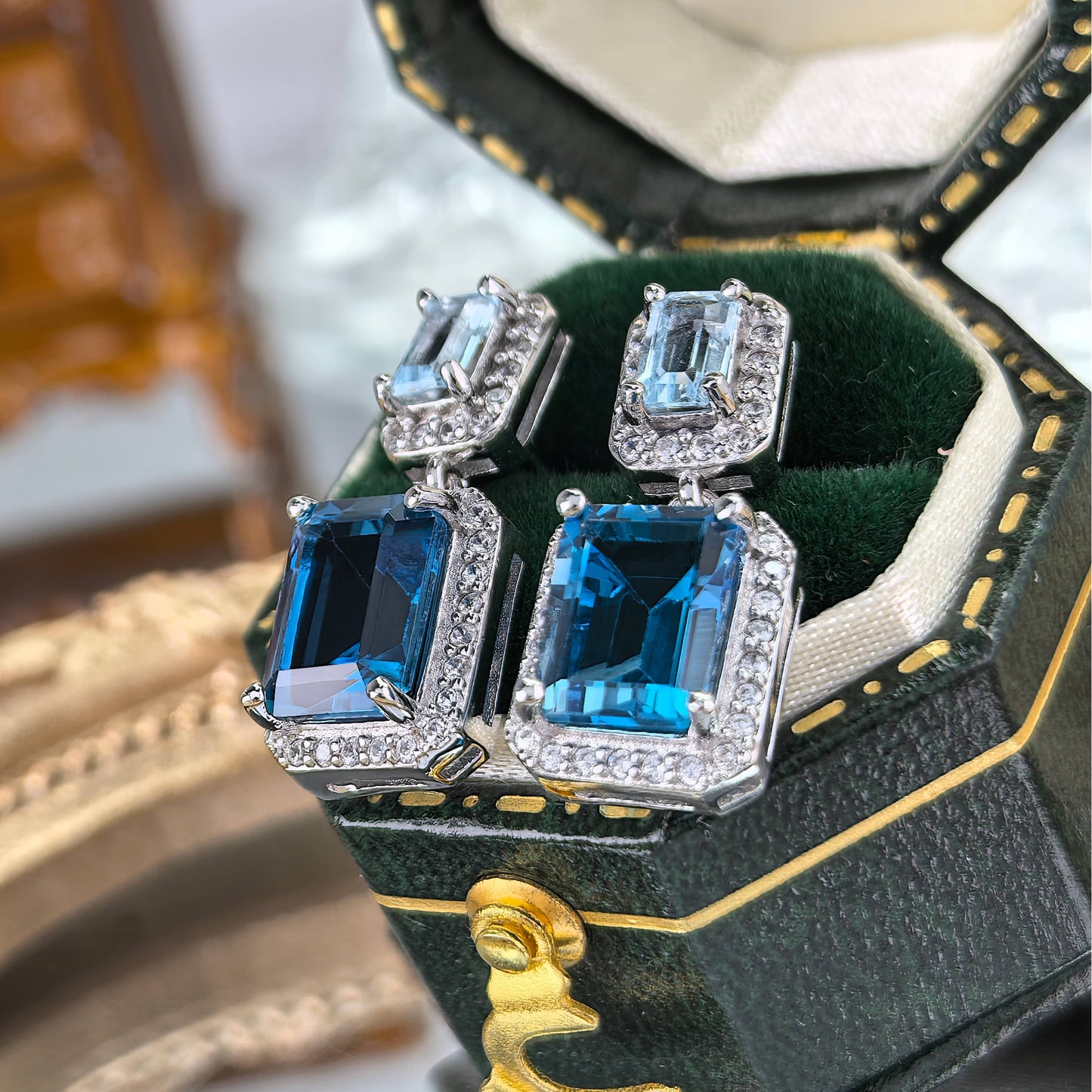 Rhodium Plated S925 Silver Jewelry Emerald Cut Natural London Blue Topaz Drop Earrings
