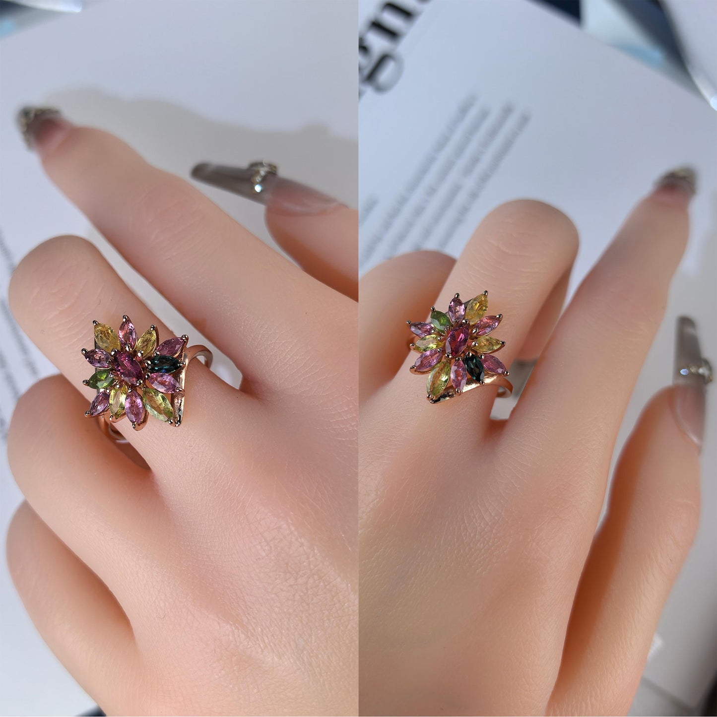 Gorgeous Rose Gold Plated Silver 925 Jewelry Natural Tourmaline/Pyrope Flower Ring
