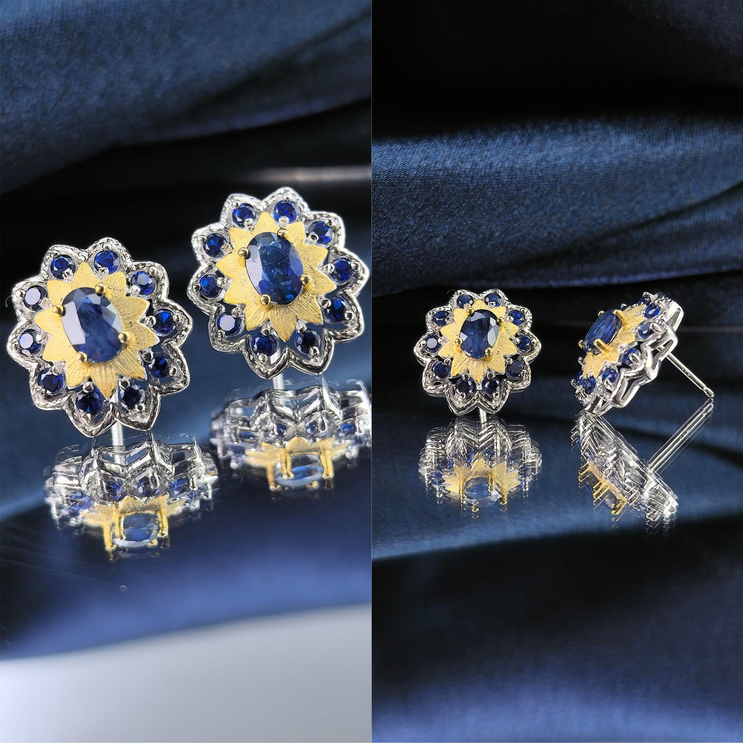 Delicate Rhodium Plated 925 Silver Jewelry Natural London Blue Topaz/Sapphire Flower Stud Earrings