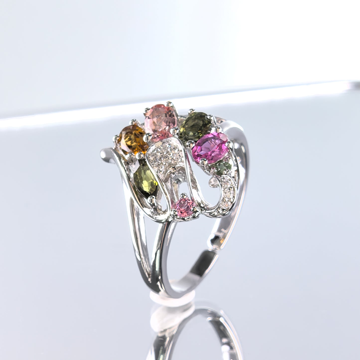 Elegant Rhodium Plated 925 Sterling Silver Natural Tourmaline Gemstone Ring