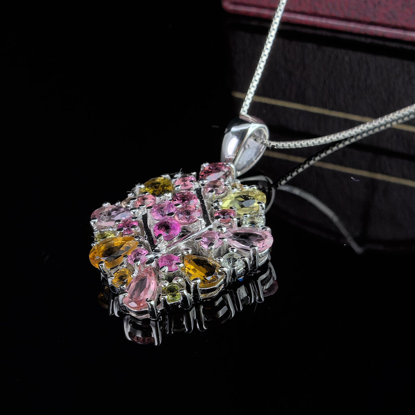 Dazzling Rhodium Plated Silver 925 Jewelry Natural Tourmaline Flower Pendant