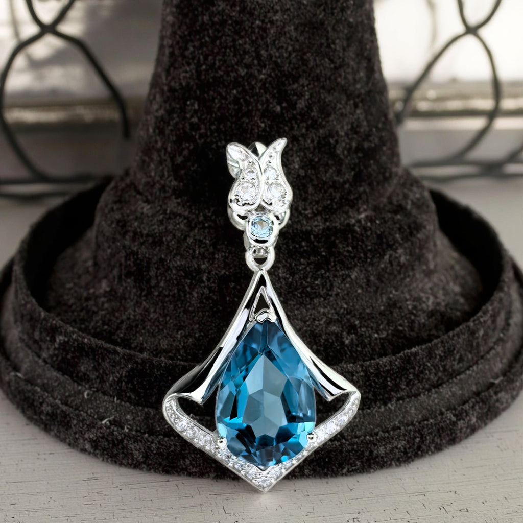 Elegant Rhodium Plated 925 Silver Jewelry Natural London Blue Topaz Pendant