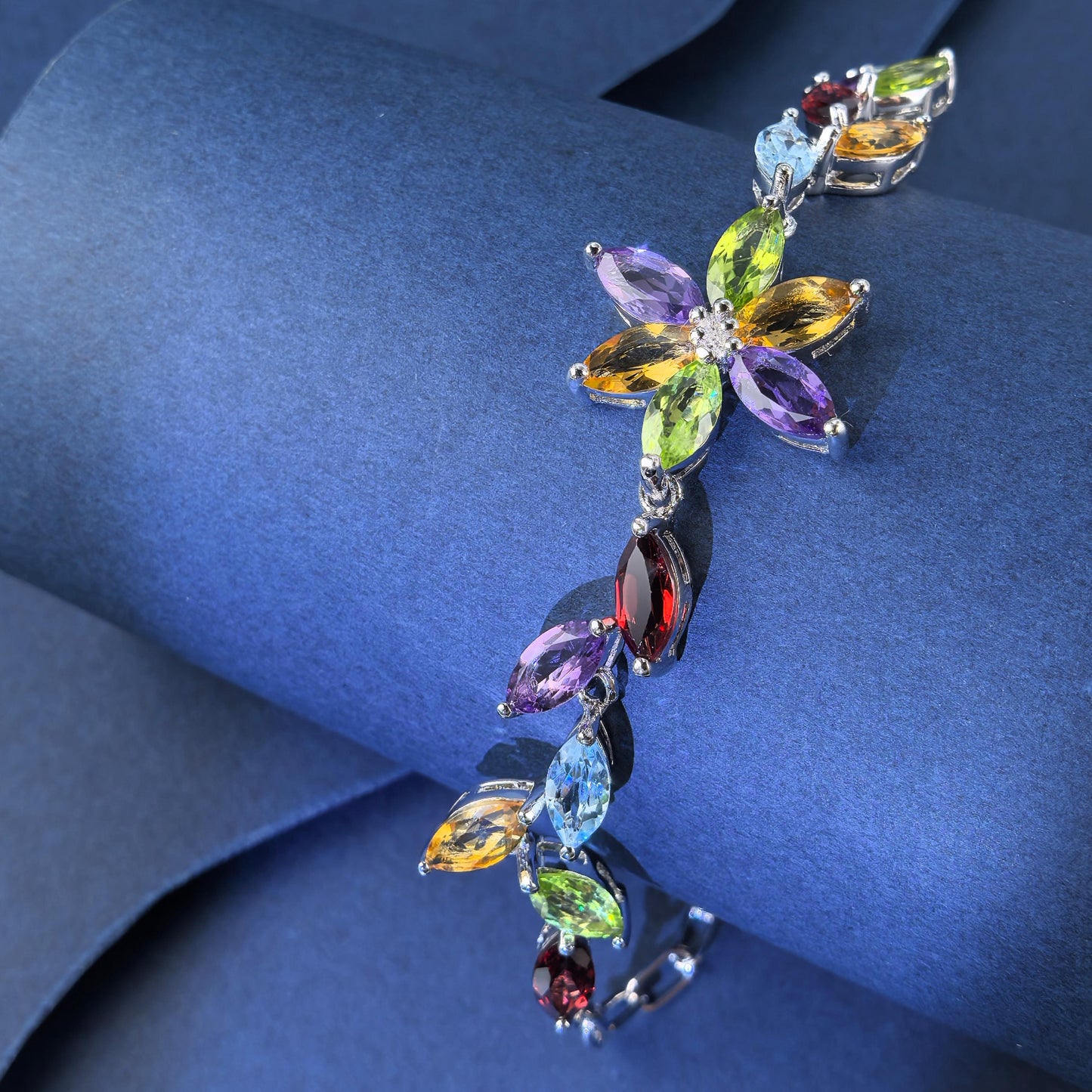 Elegant Rhodium Plated Silver 925 Jewelry Multiple Natural Gemstone Flower Bracelet