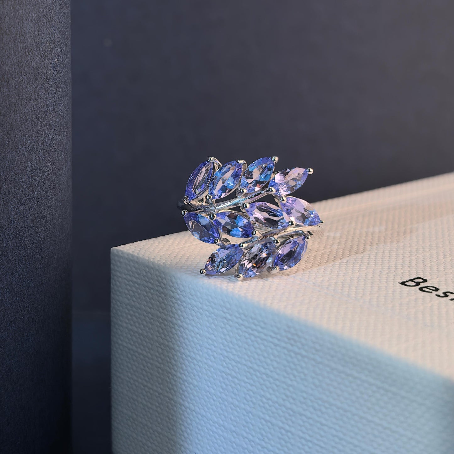 Charming Rhodium Plated Silver 925 Jewelry Natural Tanzanite Leaves Ring