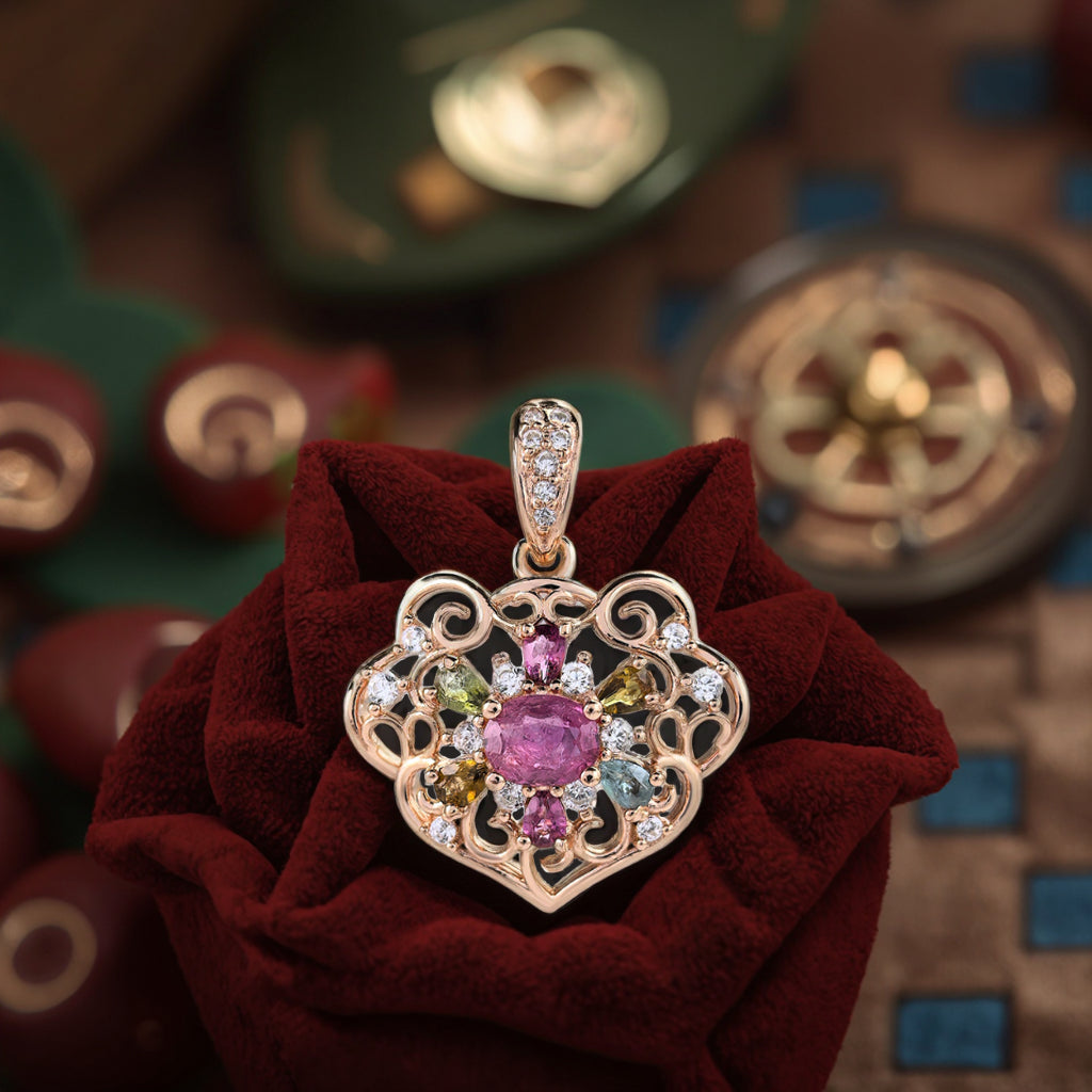 Delicate Rose Gold & Silver 925 Pendant Natural Tourmaline Flower Charm