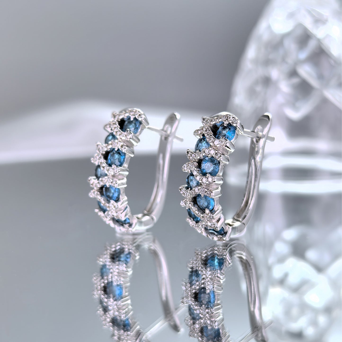 Elegant Rhodium Plated Silver 925 Jewelry Natural London Blue Topaz Hoop Earrings