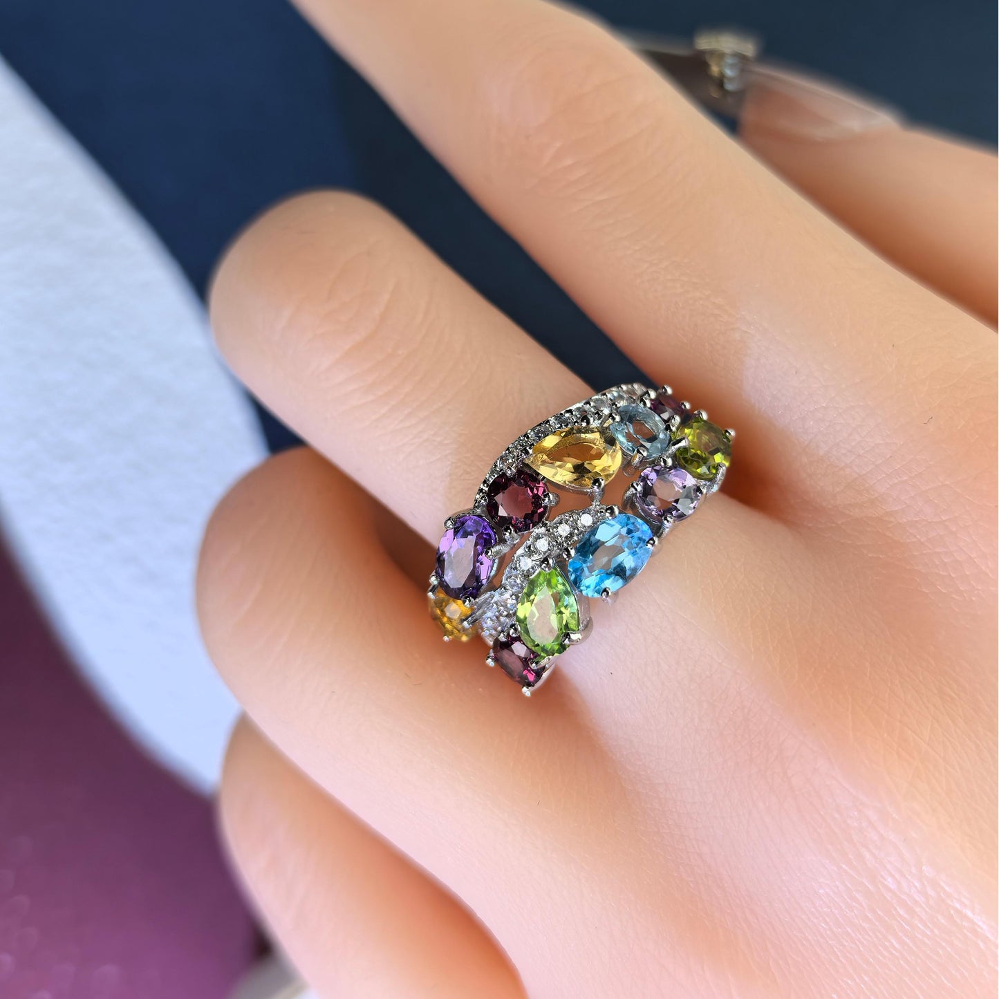 Gorgeous Rhodium Plated 925 Silver Jewelry Multiple Natural Gemstone Ring