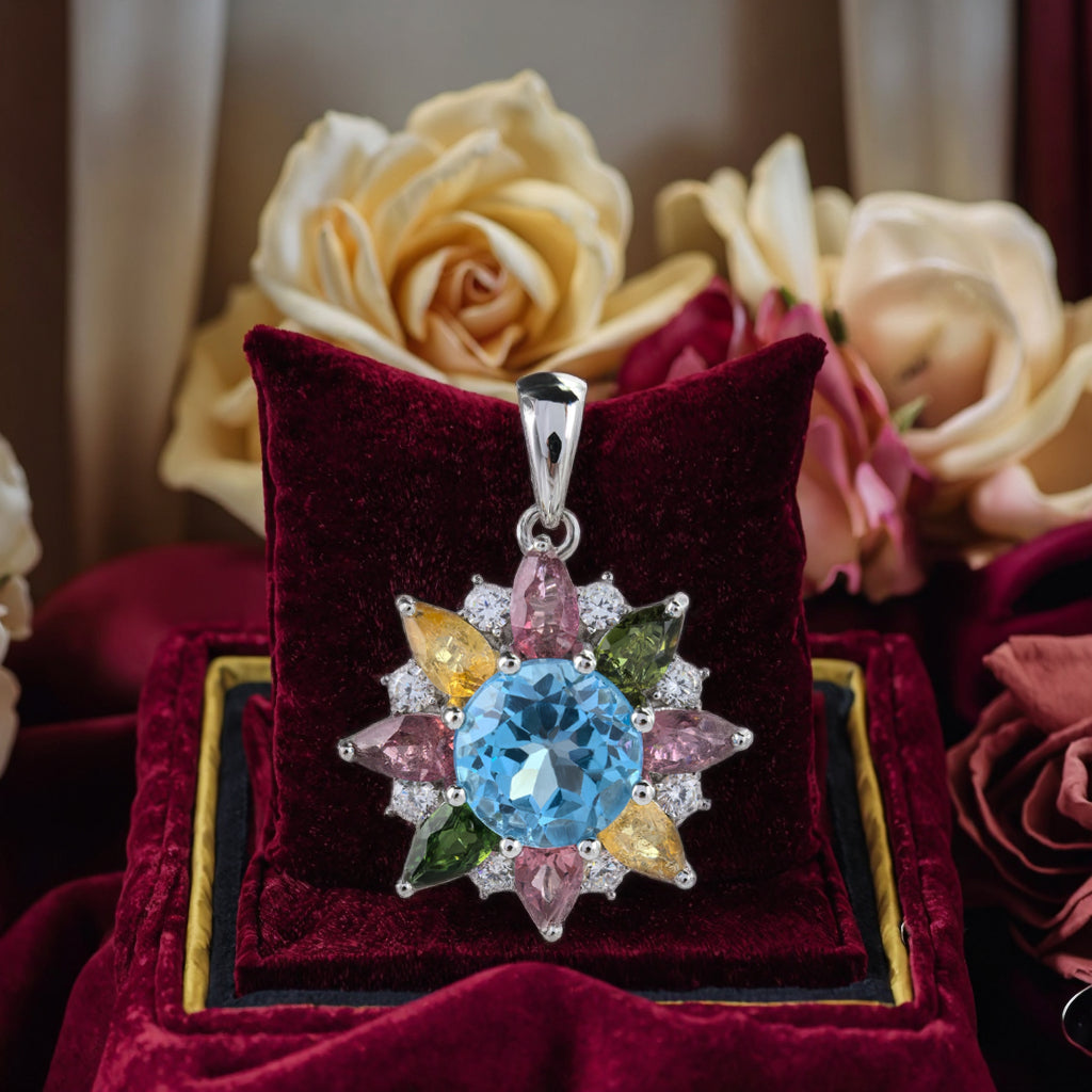 Graceful Rhodium Plated 925 Sterling Silver Natural Swiss Blue Topaz Flower Pendant