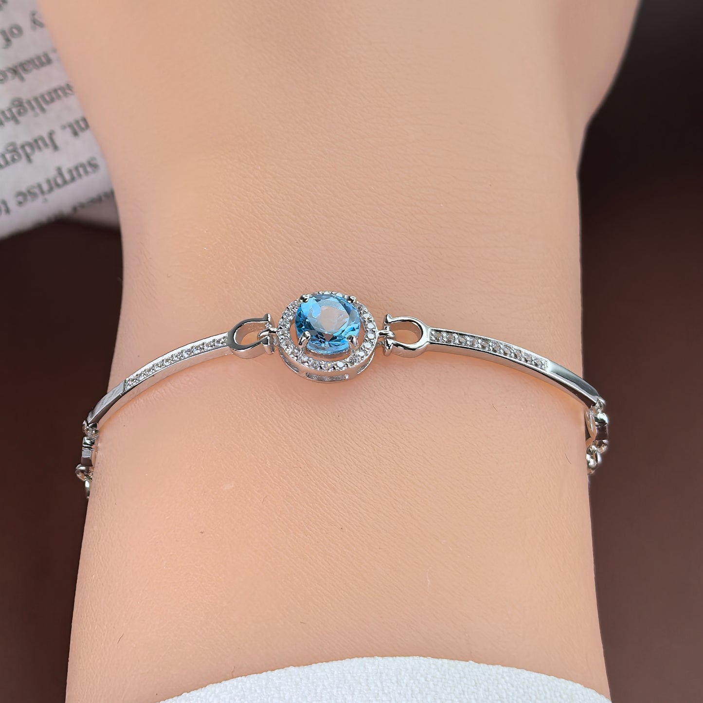 Sparkling Rhodium Plated Silver 925 Jewelry Natural Swiss Blue Topaz Bracelet