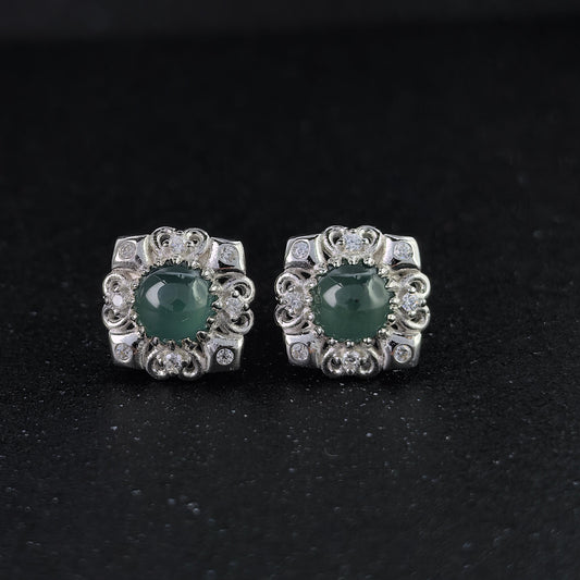 Delicate Rhodium Plated 925 Silver Jewelry Natural Jadeite Flower Stud Earrings